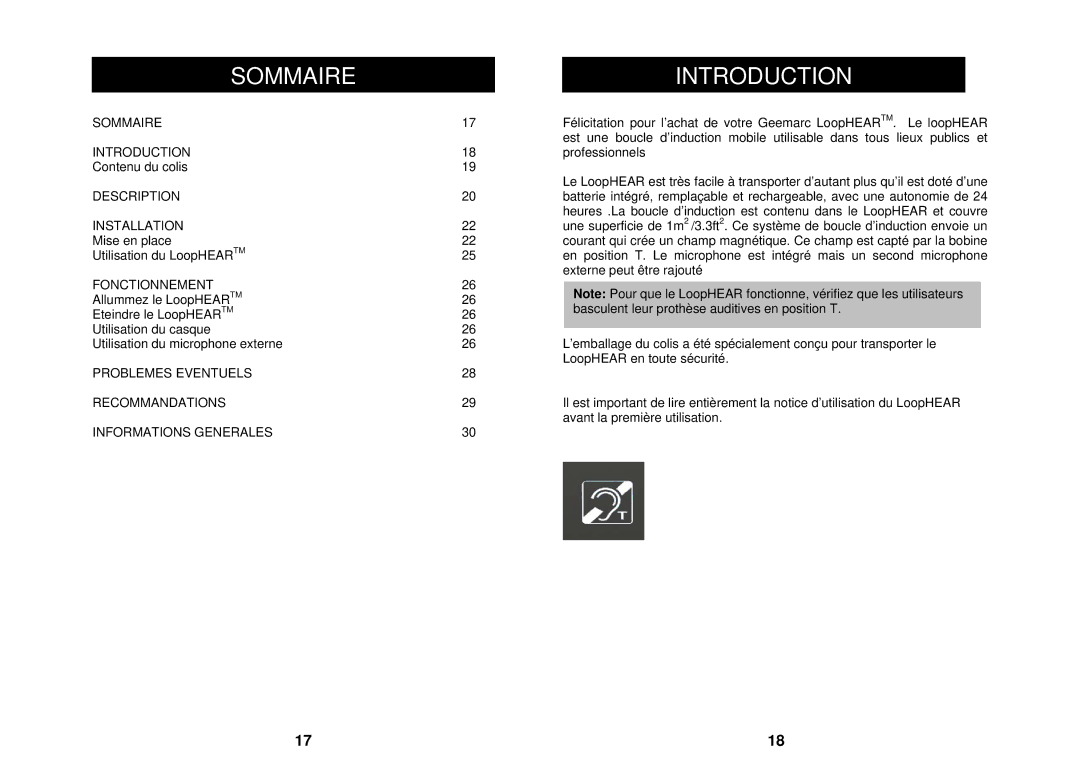 Geemarc LH100 manual Sommaire Introduction, Fonctionnement, Problemes Eventuels Recommandations Informations Generales 