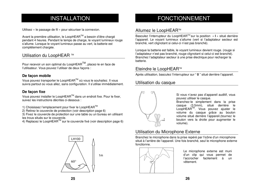 Geemarc LH100 manual Fonctionnement 