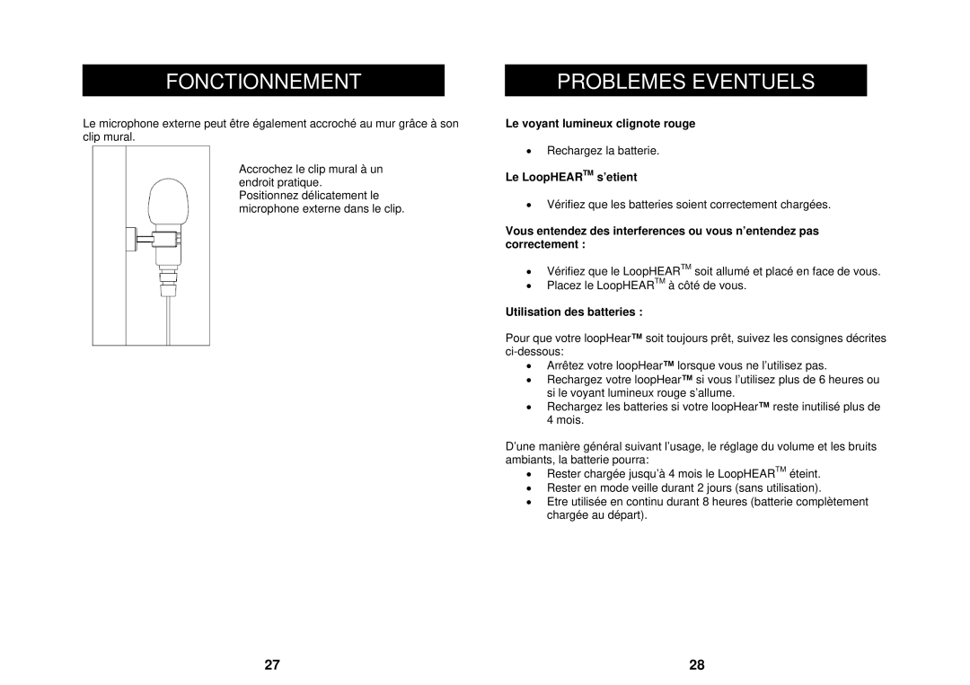 Geemarc LH100 manual Problemes Eventuels, Utilisation des batteries 