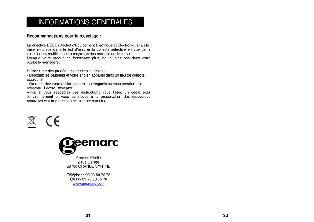 Geemarc LH100 manual Recommandations pour le recyclage, Grande Synthe 