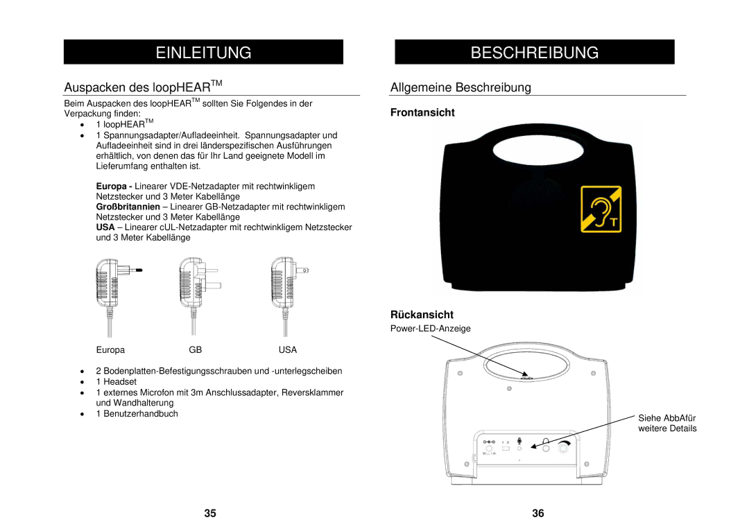 Geemarc LH100 manual Einleitung Beschreibung, Auspacken des loopHEAR TM Allgemeine Beschreibung, Frontansicht, Rückansicht 