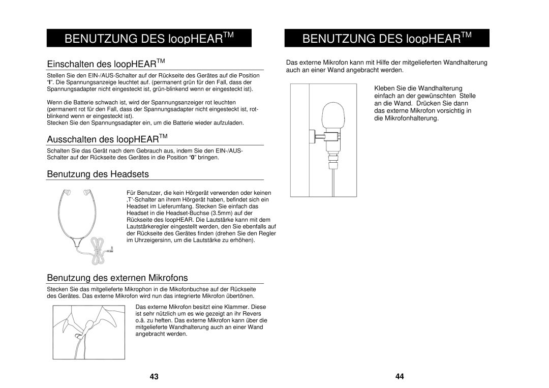 Geemarc LH100 manual Einschalten des loopHEARTM, Ausschalten des loopHEARTM, Benutzung des Headsets 