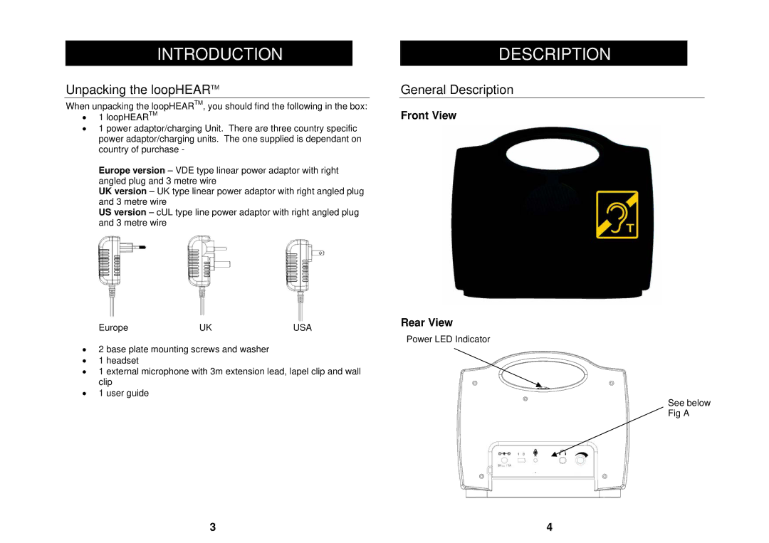 Geemarc LH100 manual Introduction Description, Unpacking the loopHEARTM, General Description, Front View, Rear View 