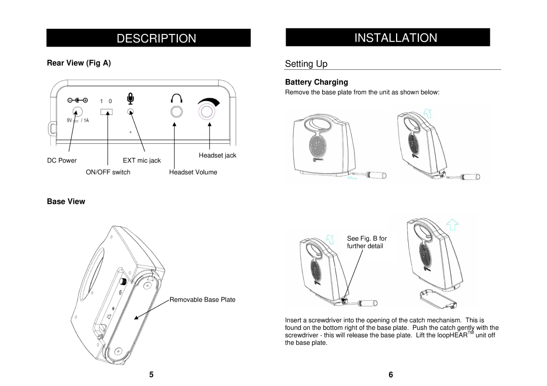 Geemarc LH100 manual Installation, Setting Up, Rear View Fig a, Base View, Battery Charging 