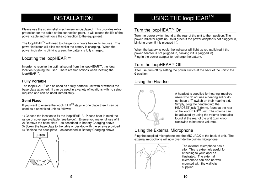 Geemarc LH100 manual Locating the loopHEAR TM, Turn the loopHEARTM On, Turn the loopHEARTM Off, Using the Headset 