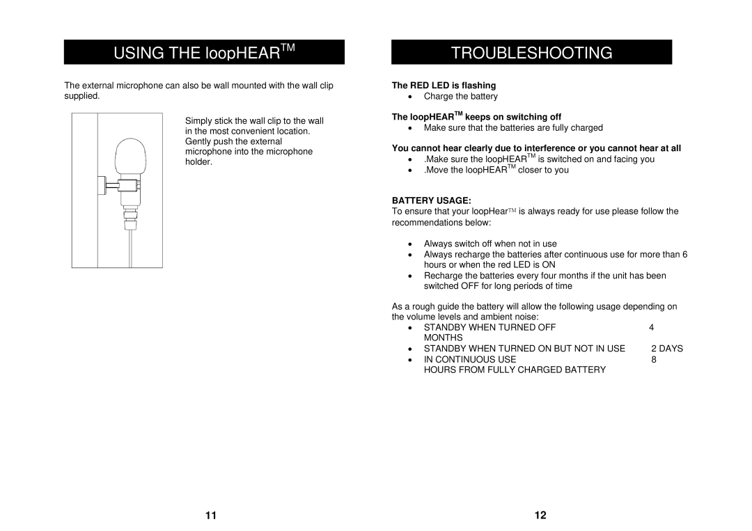 Geemarc LH100 manual Troubleshooting, Battery Usage 