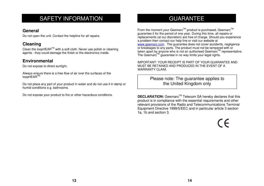 Geemarc LH100 manual Safety Information, Guarantee, Please note The guarantee applies to United Kingdom only, 1614 