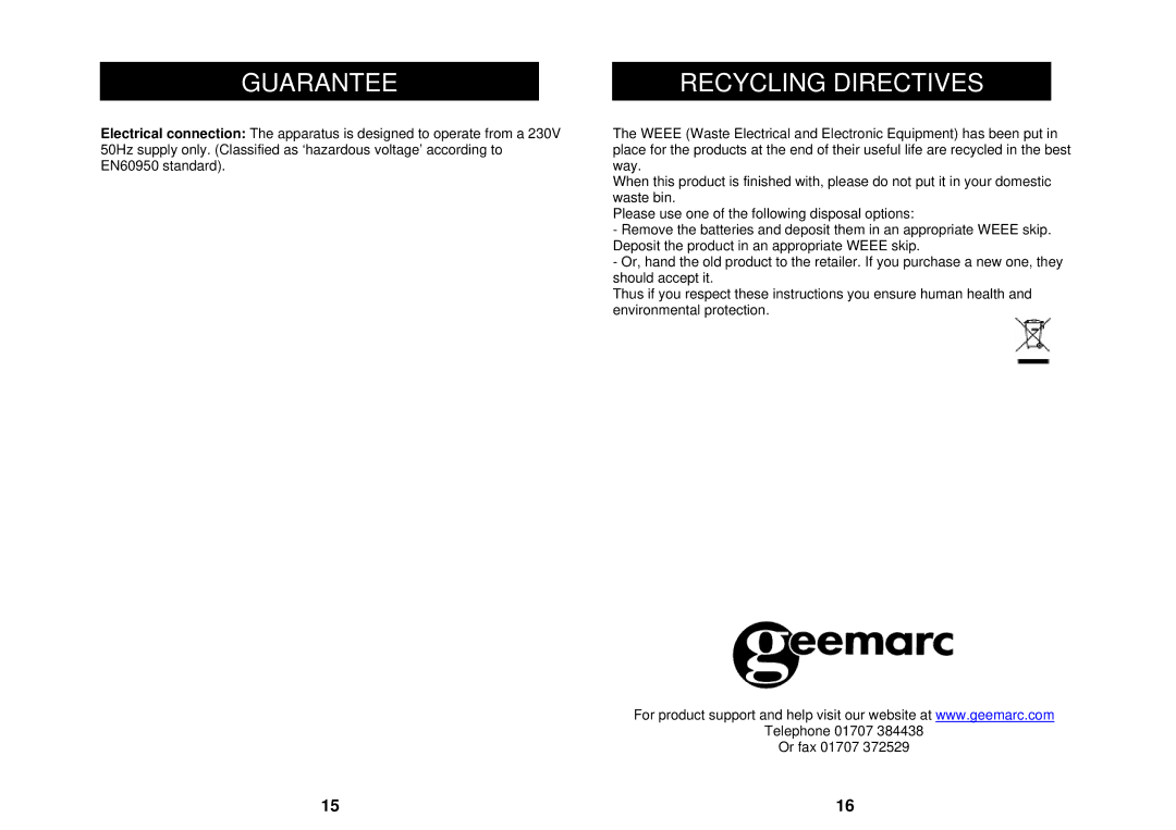 Geemarc LH100 manual Recycling Directives 