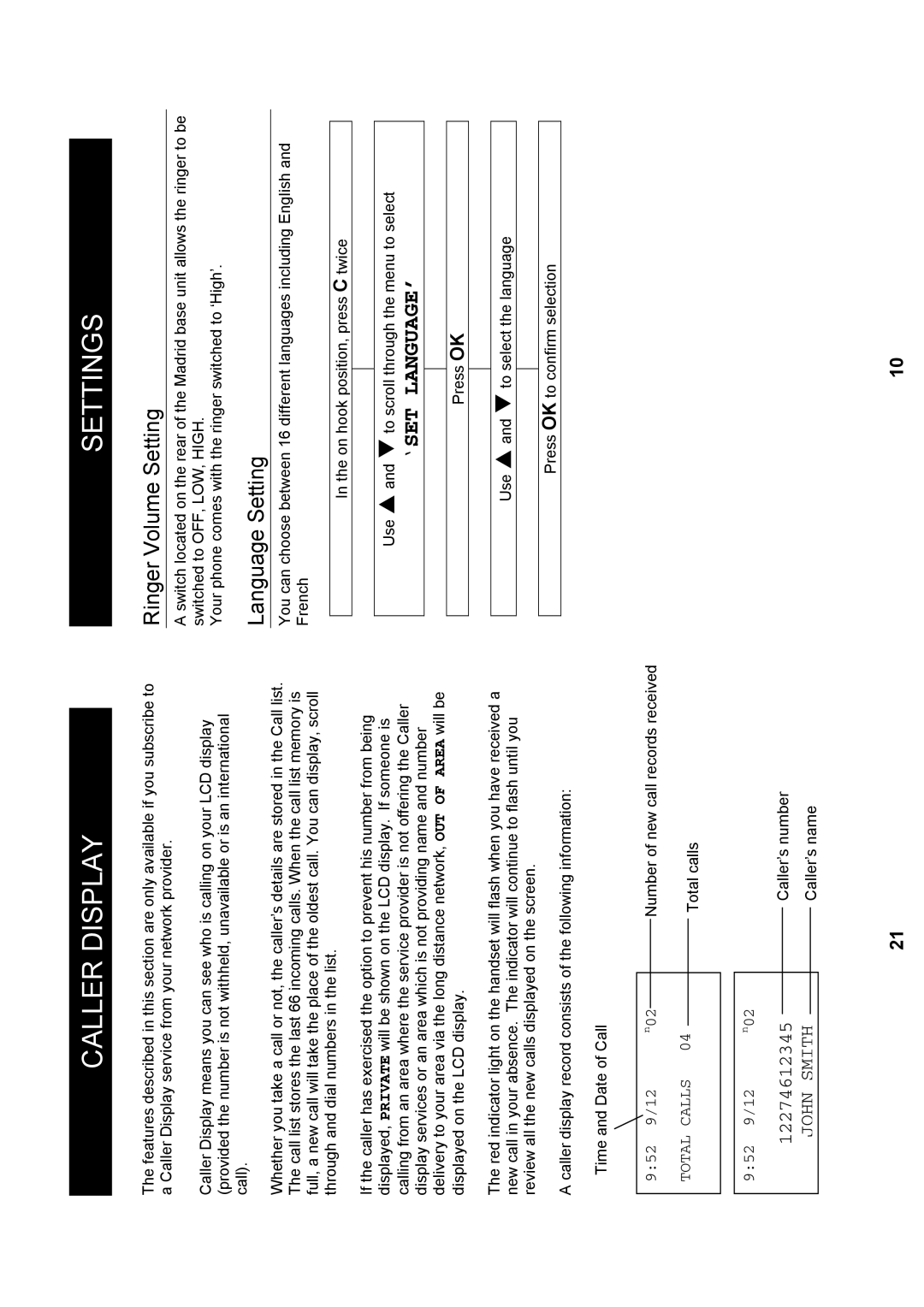 Geemarc Madrid manual Caller Display Settings, Ringer Volume Setting, Language Setting, ‘Set Language’ 