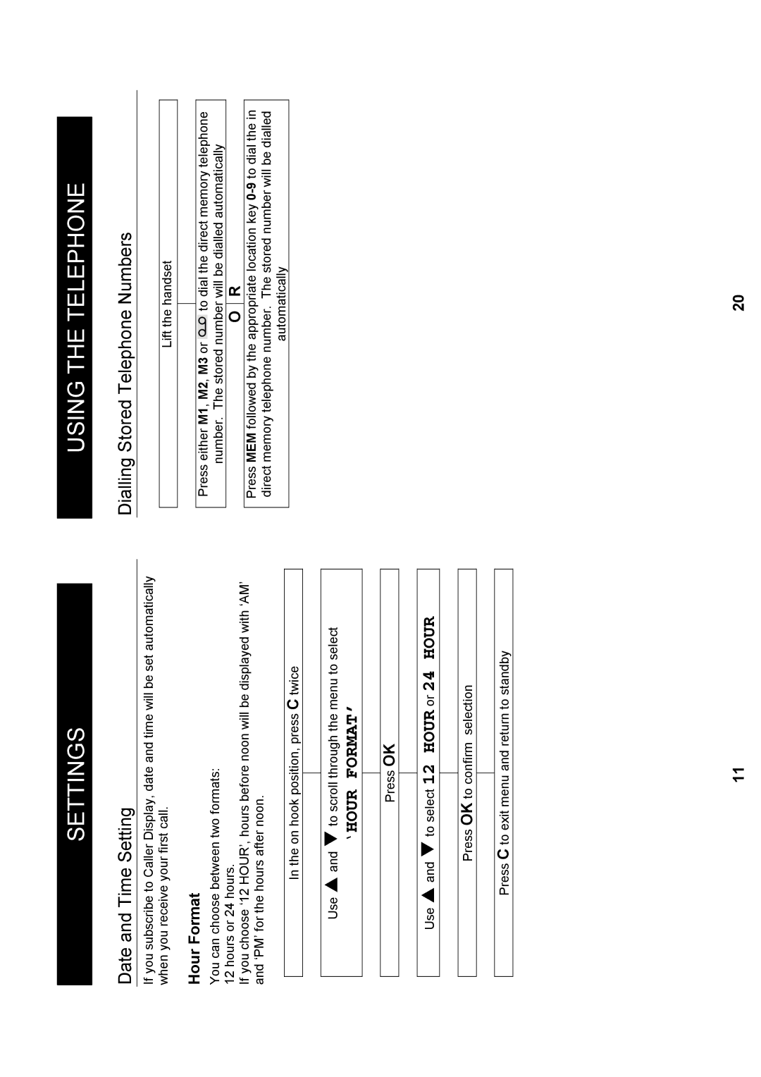 Geemarc Madrid manual Using the Telephone, Date and Time Setting, ‘Hour Format’, Dialling Stored Telephone Numbers 