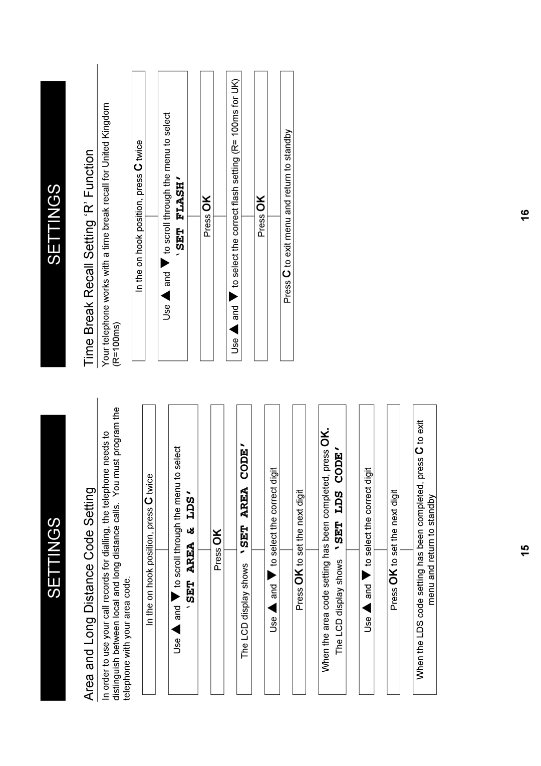 Geemarc Madrid Area and Long Distance Code Setting, ‘SET Area & LDS’, Time Break Recall Setting ‘R’ Function, ‘Set Flash’ 