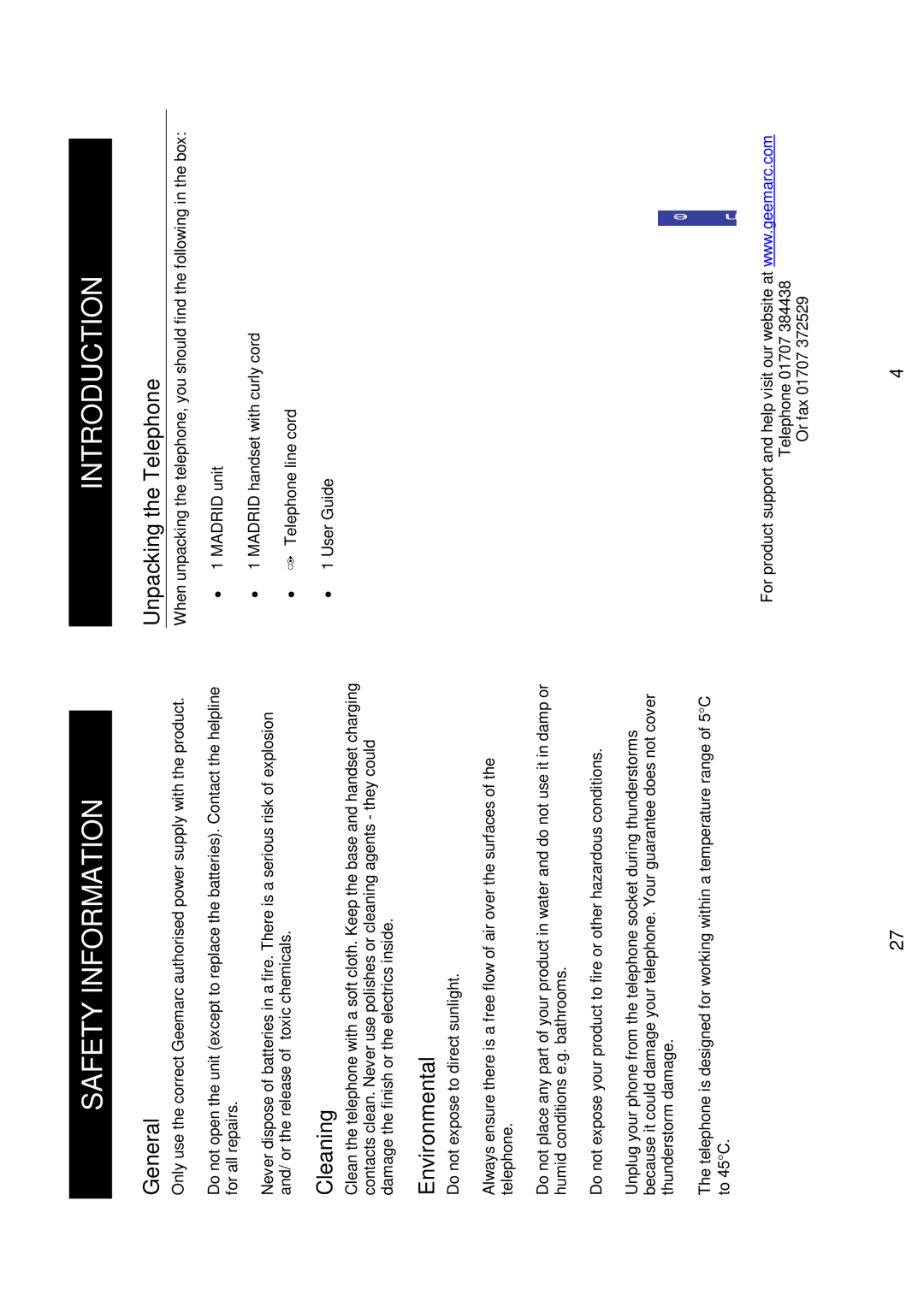 Geemarc Madrid manual Safety Information, Unpacking the Telephone 