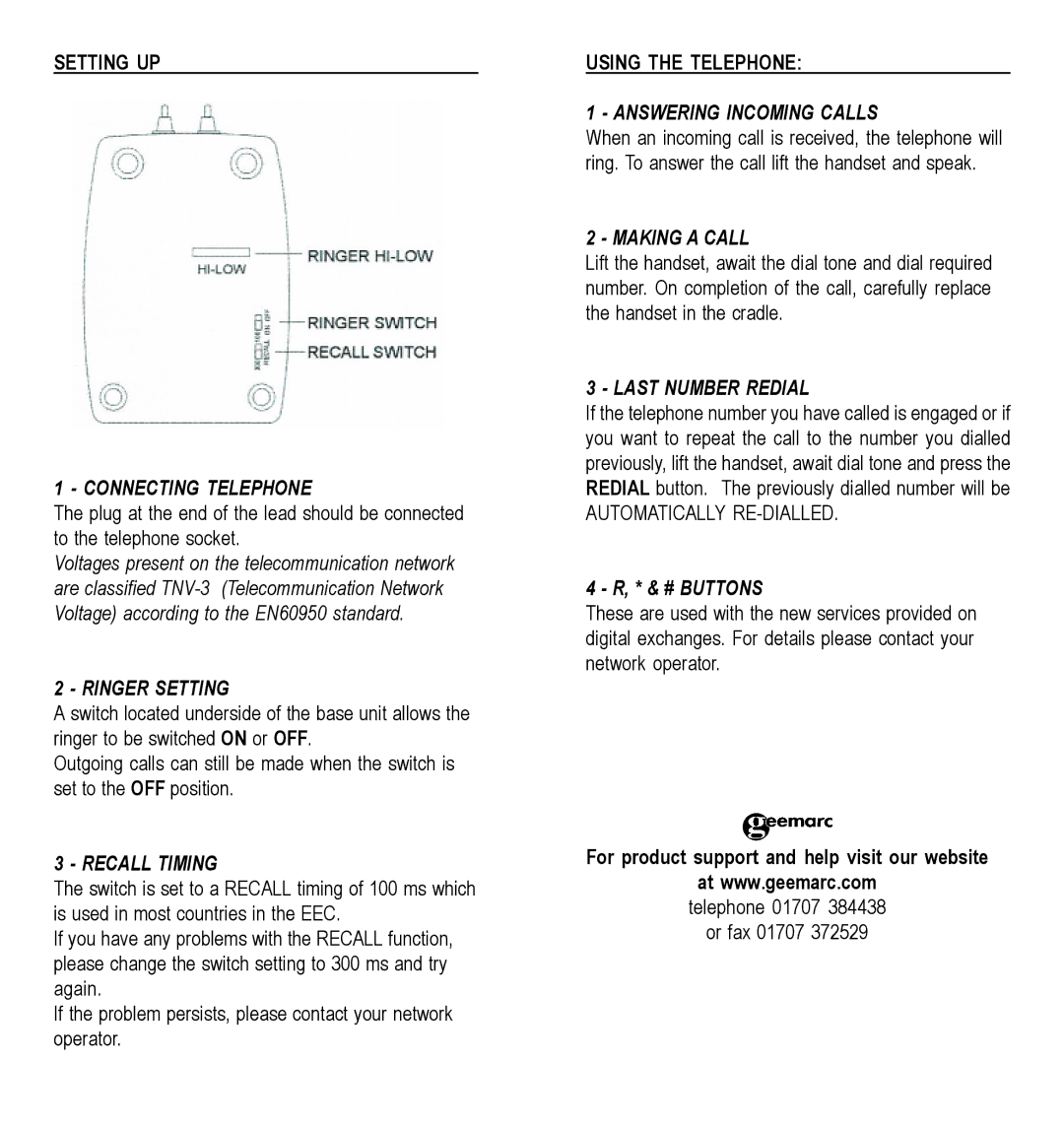 Geemarc MAYFAIR warranty Setting UP Connecting Telephone, Ringer Setting, Recall Timing, Making a Call, Last Number Redial 