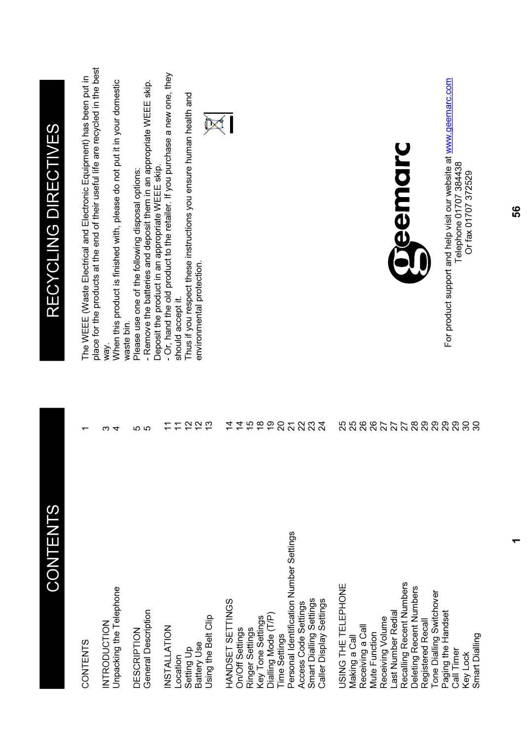 Geemarc MyDECT manual Contents, Recycling Directives 