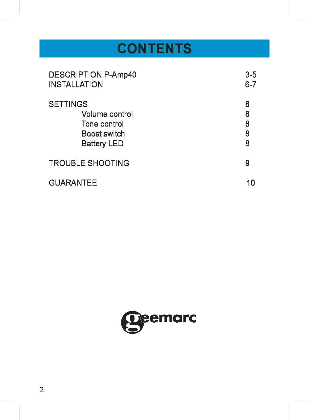 Geemarc P-AMP40 manual Contents 
