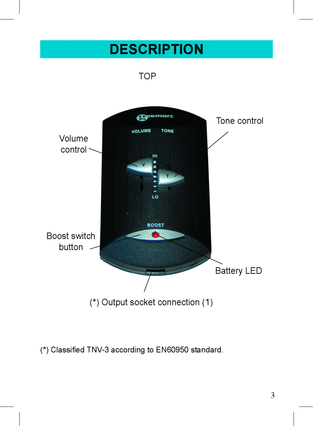 Geemarc P-AMP40 Description, TOP Tone control Volume control Boost switch, button Battery LED Output socket connection 
