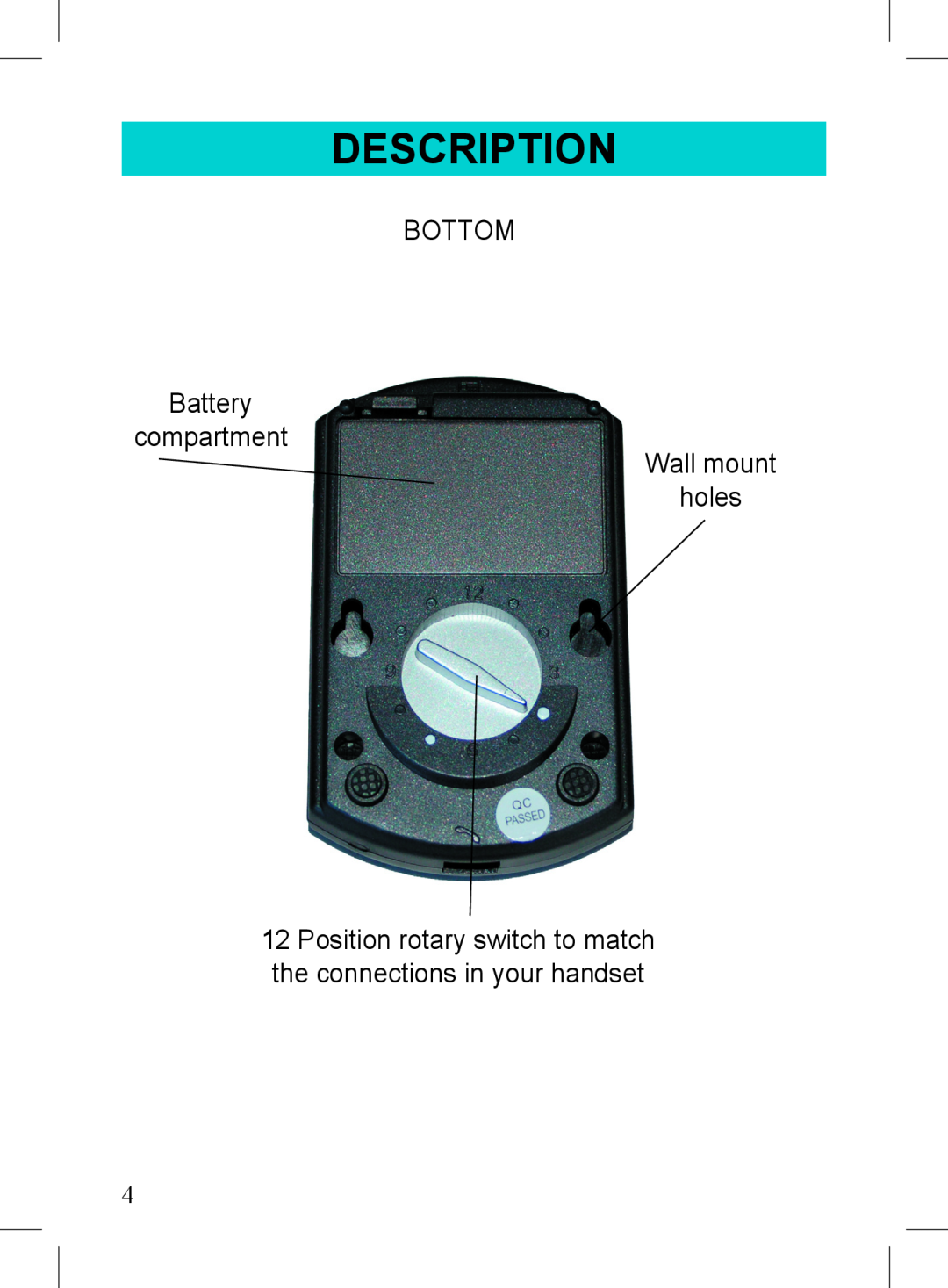 Geemarc P-AMP40 manual BOTTOM Battery compartment Wall mount holes, Description 