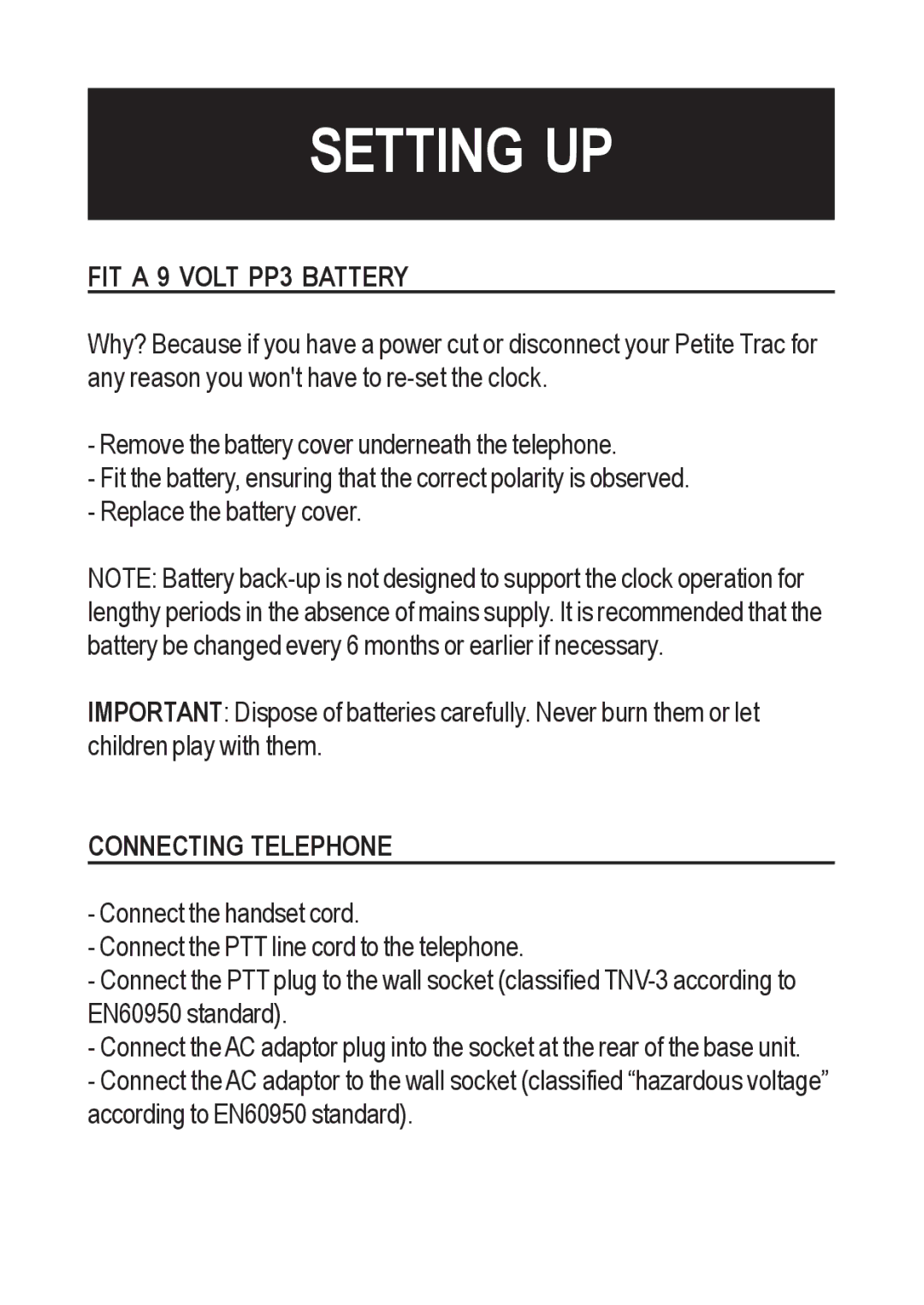 Geemarc Petite Trac manual FIT a 9 Volt PP3 Battery, Connecting Telephone 