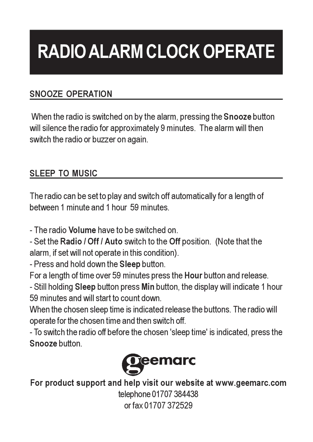 Geemarc Petite Trac manual Snooze Operation, Sleep to Music 