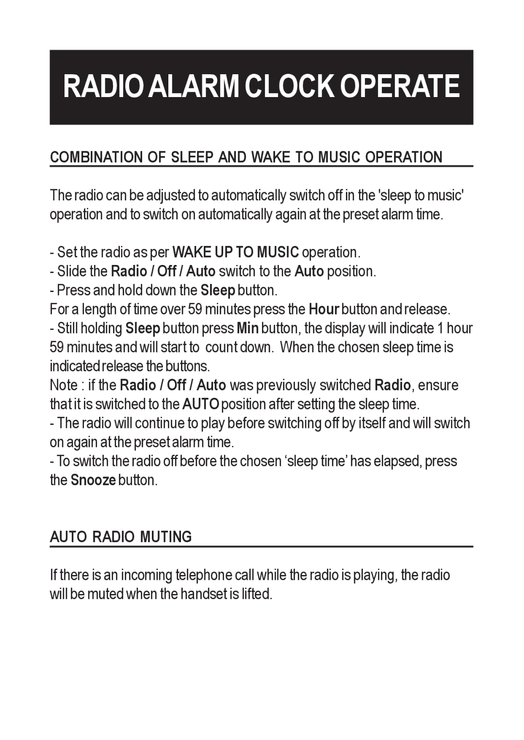 Geemarc Petite Trac manual Combination of Sleep and Wake to Music Operation, Auto Radio Muting 