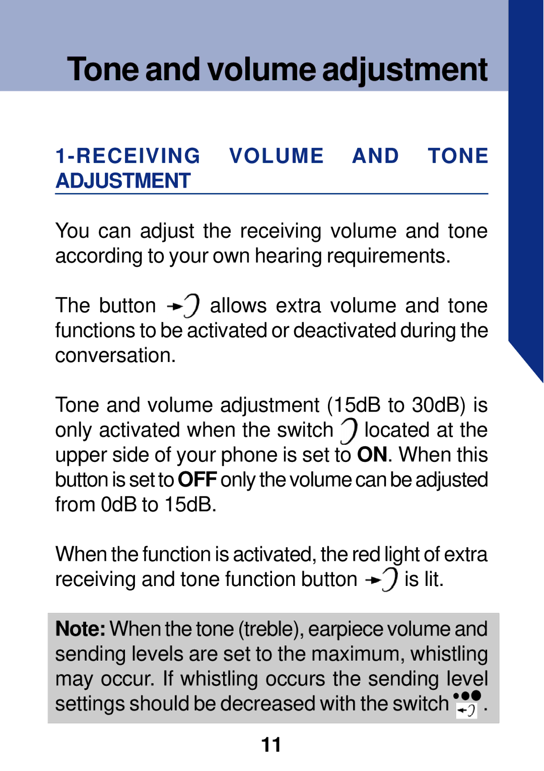 Geemarc PhotoPhone manual Tone and volume adjustment, Receiving Volume and Tone Adjustment 