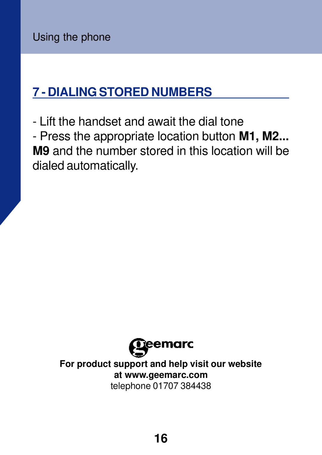 Geemarc PhotoPhone manual Dialing Stored Numbers 