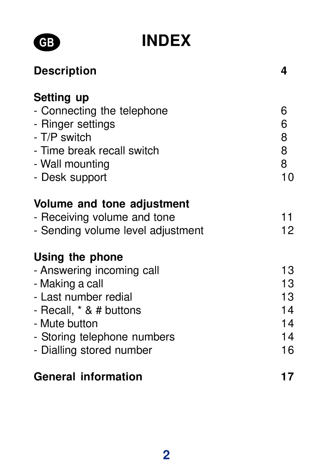 Geemarc PhotoPhone manual Index 