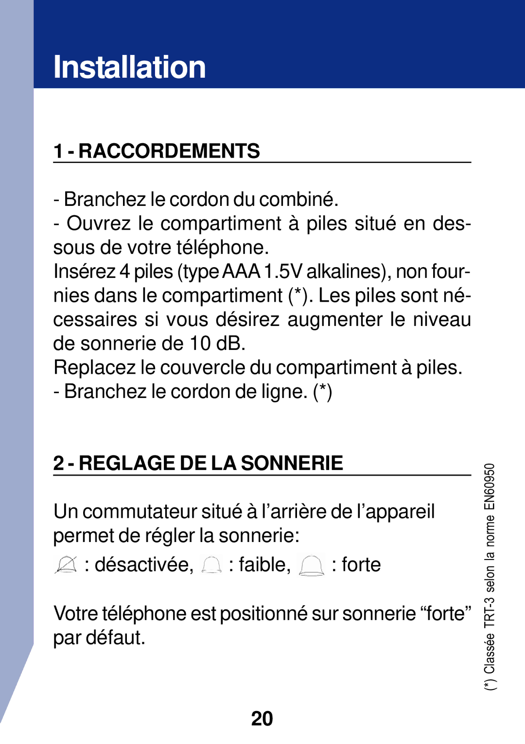 Geemarc PhotoPhone manual Raccordements, Reglage DE LA Sonnerie 