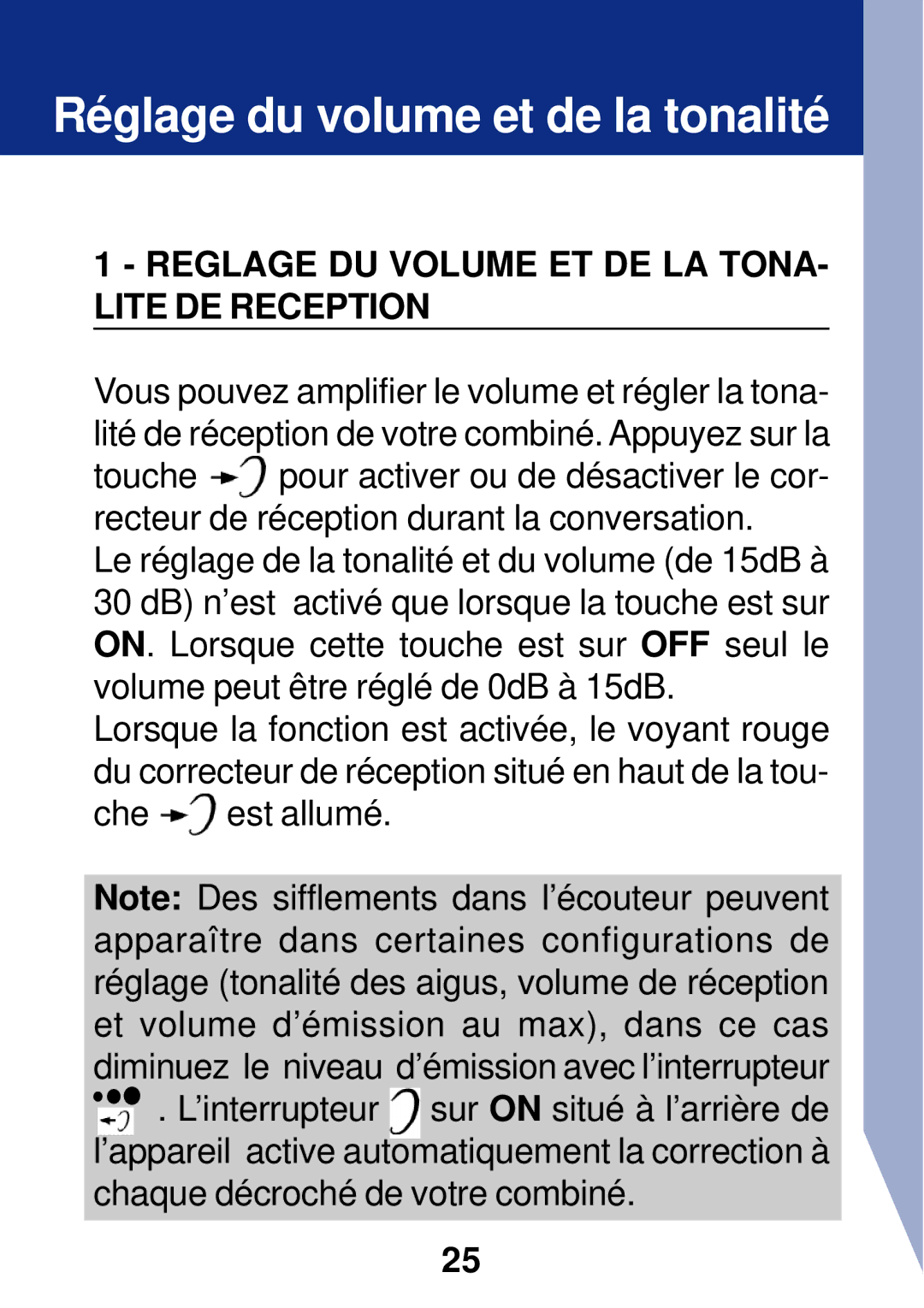 Geemarc PhotoPhone manual Réglage du volume et de la tonalité, Reglage DU Volume ET DE LA TONA- Lite DE Reception 