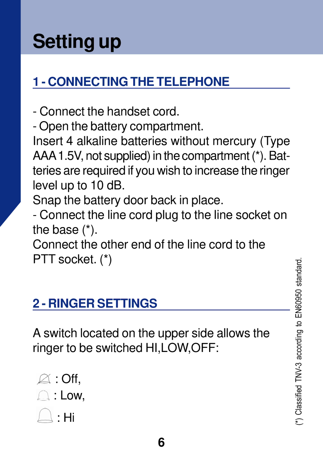 Geemarc PhotoPhone manual Setting up, Connecting the Telephone, Ringer Settings 