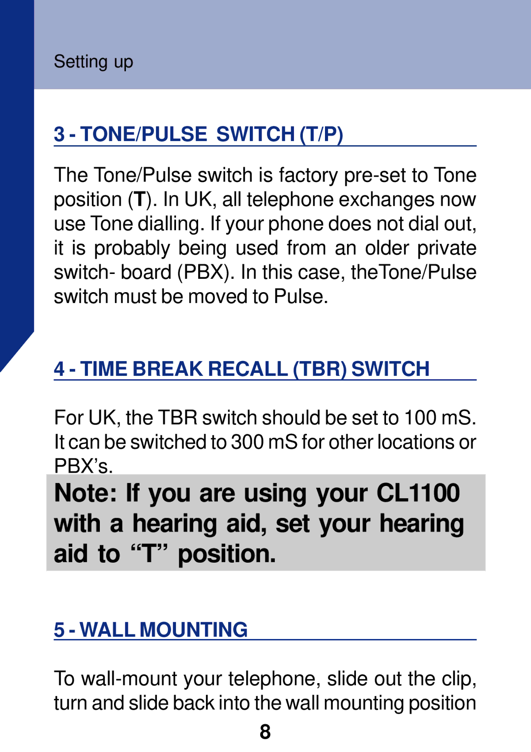 Geemarc PhotoPhone manual TONE/PULSE Switch T/P, Time Break Recall TBR Switch, Wall Mounting 