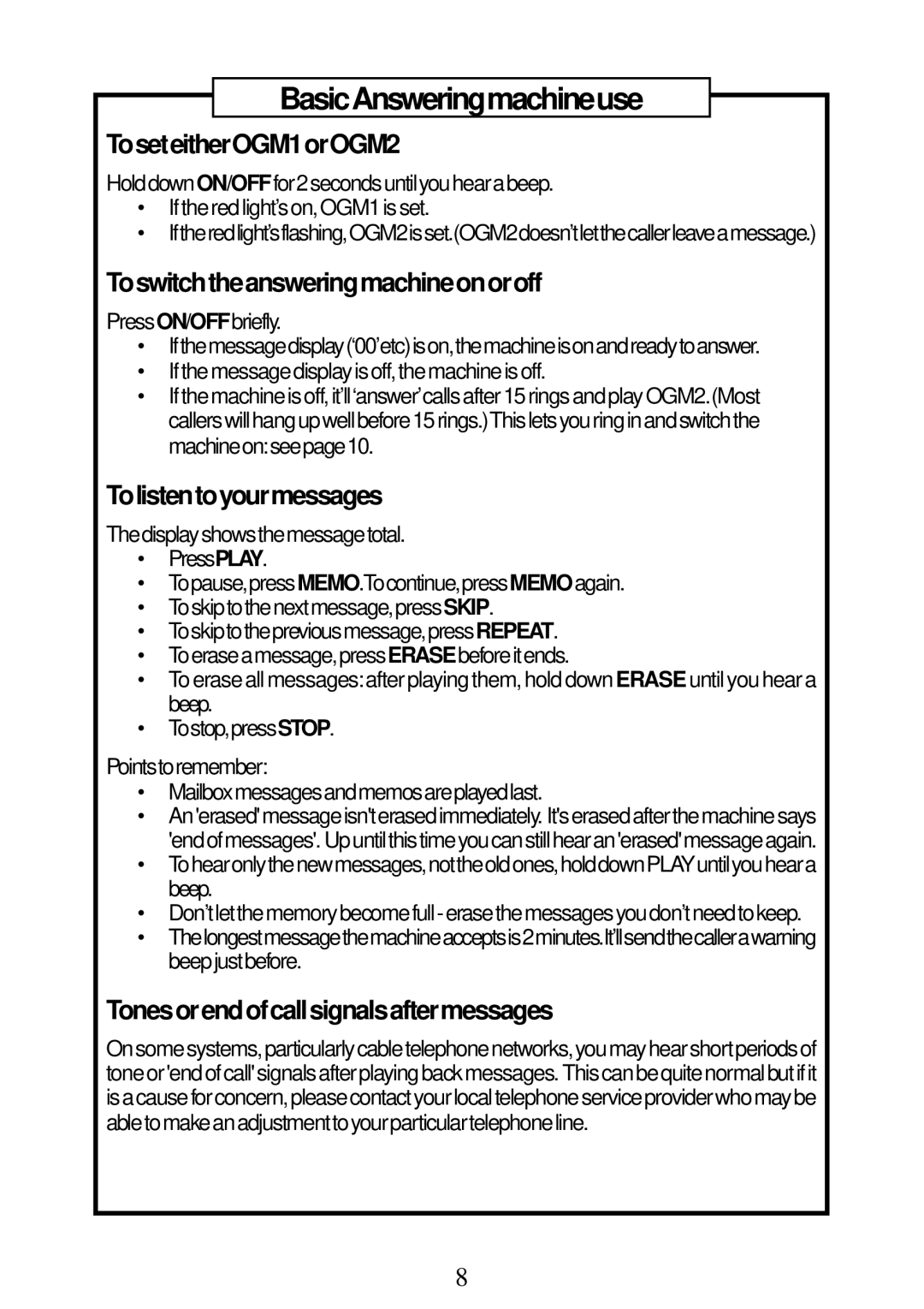Geemarc RP7510 BasicAnsweringmachineuse, ToseteitherOGM1orOGM2, Toswitchtheansweringmachineonoroff, Tolistentoyourmessages 
