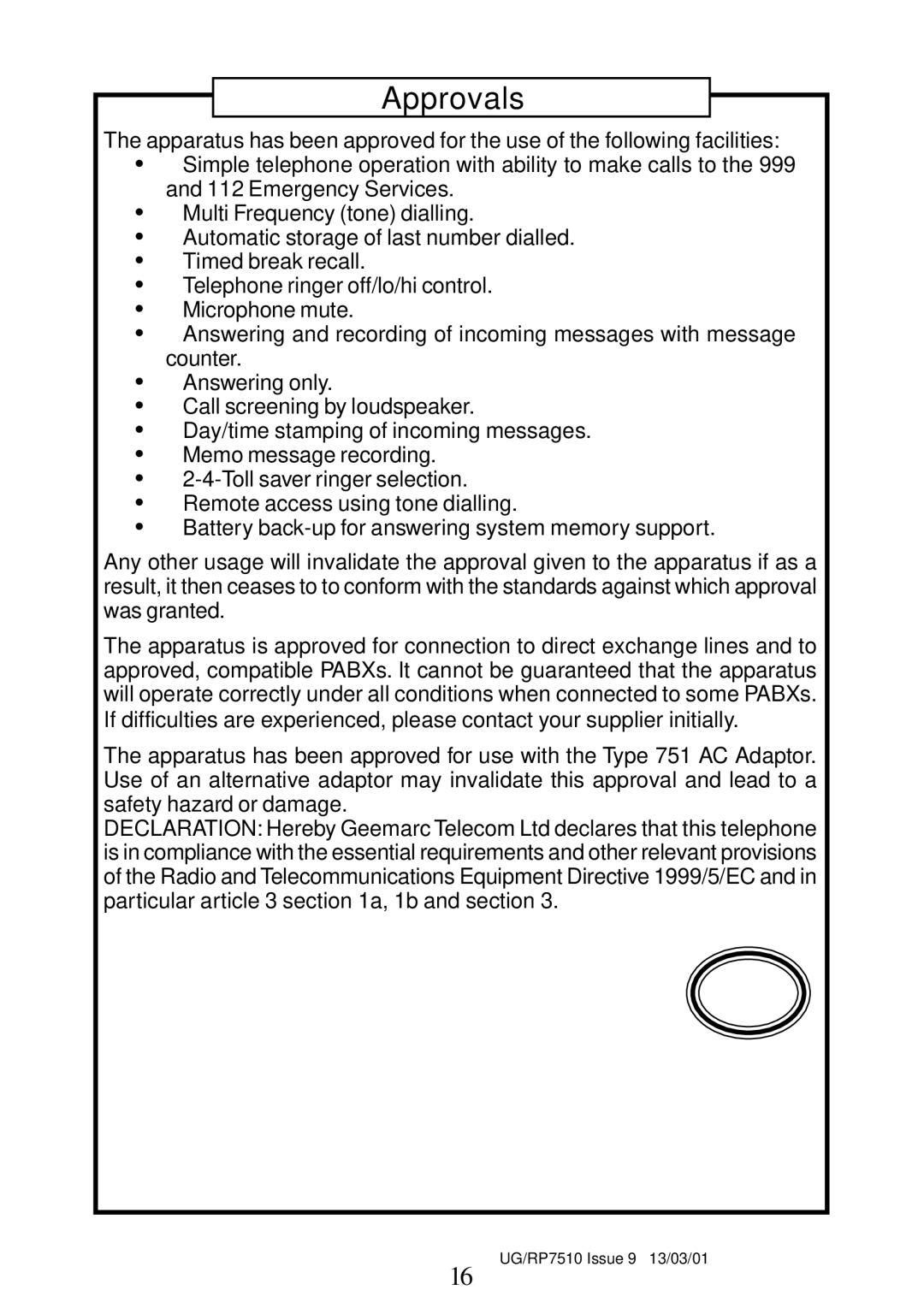 Geemarc RP7510 manual Approvals 