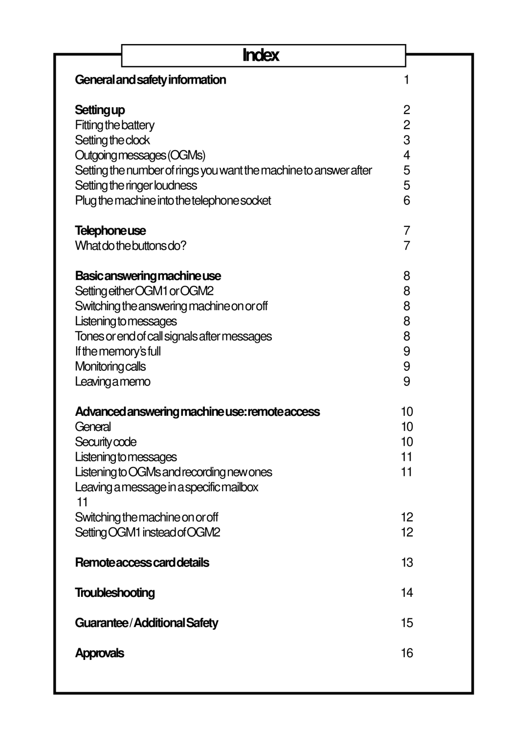 Geemarc RP7510 manual Index, Generalandsafetyinformation Settingup, Telephoneuse, Basicansweringmachineuse 