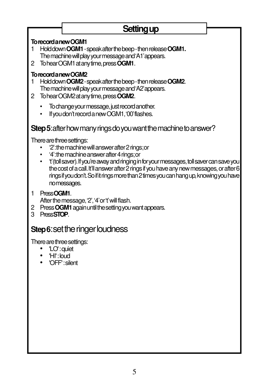 Geemarc RP7510 manual Afterhowmanyringsdoyouwantthemachinetoanswer?, TorecordanewOGM1, TohearOGM1atanytime,pressOGM1 