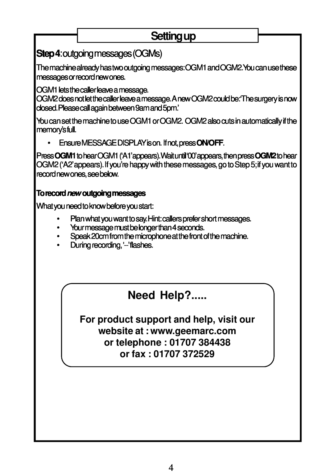 Geemarc RP7510 Need Help?, outgoingmessagesOGMs, For product support and help, visit our, Torecordnew outgoingmessages 