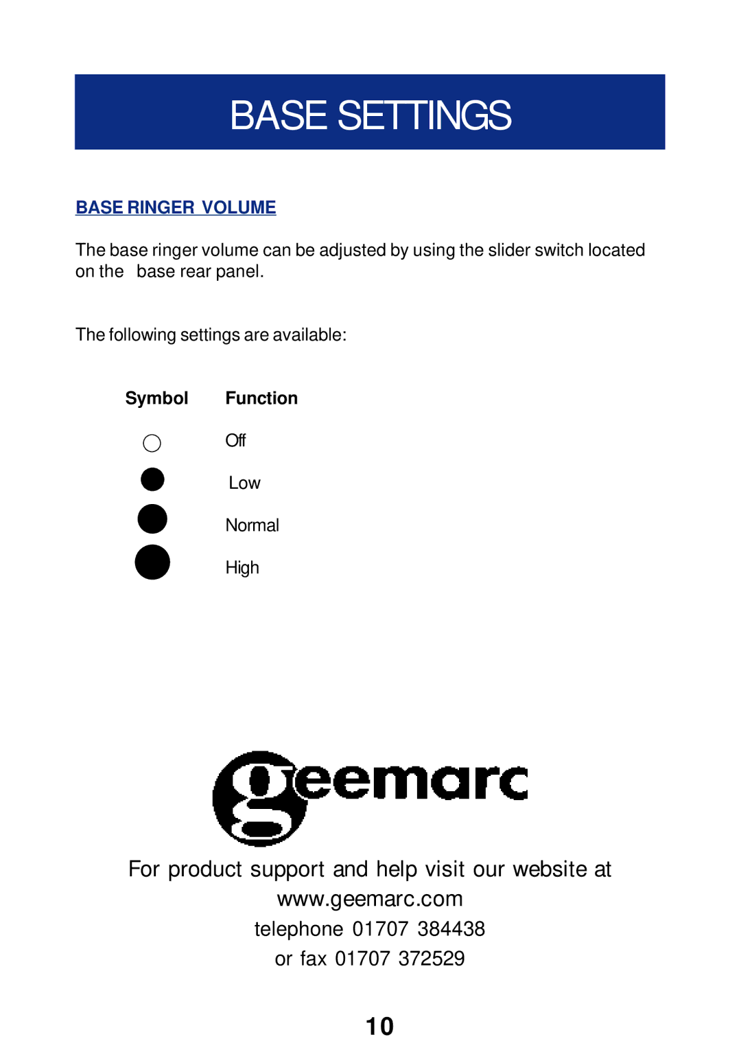 Geemarc T300 manual Base Settings, Base Ringer Volume, Symbol Function 