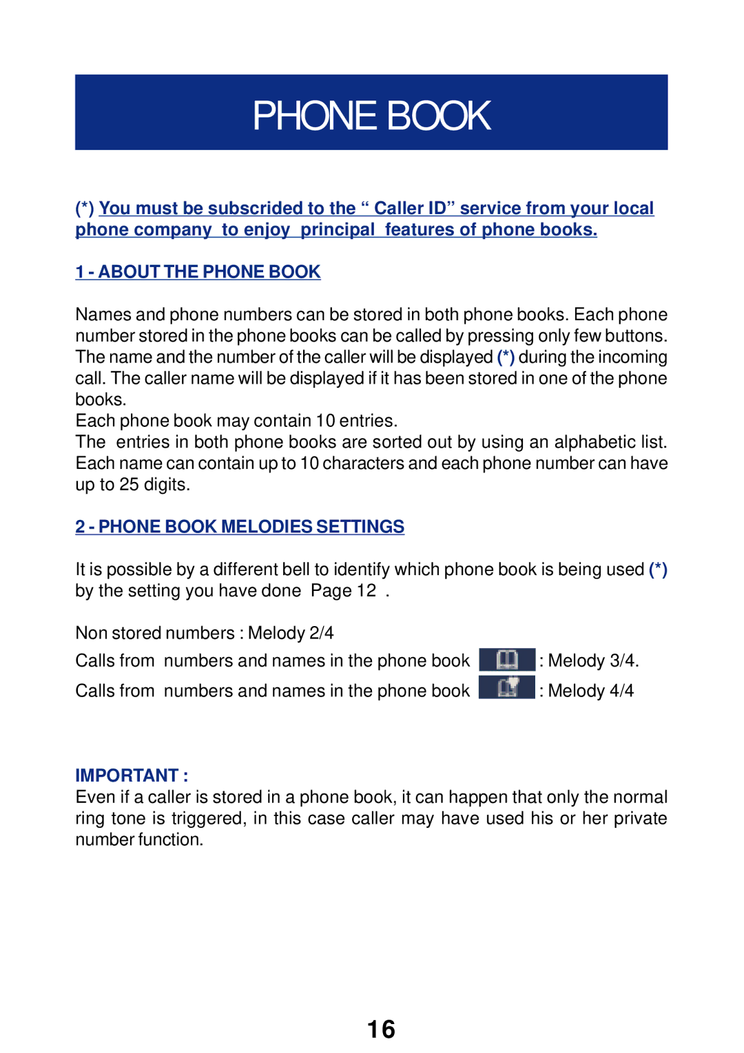 Geemarc T300 manual About the Phone Book, Phone Book Melodies Settings 