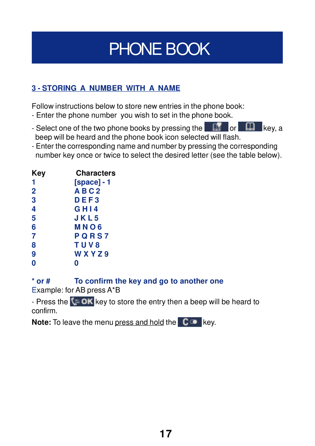 Geemarc T300 manual Storing a Number with a Name, Key Characters 