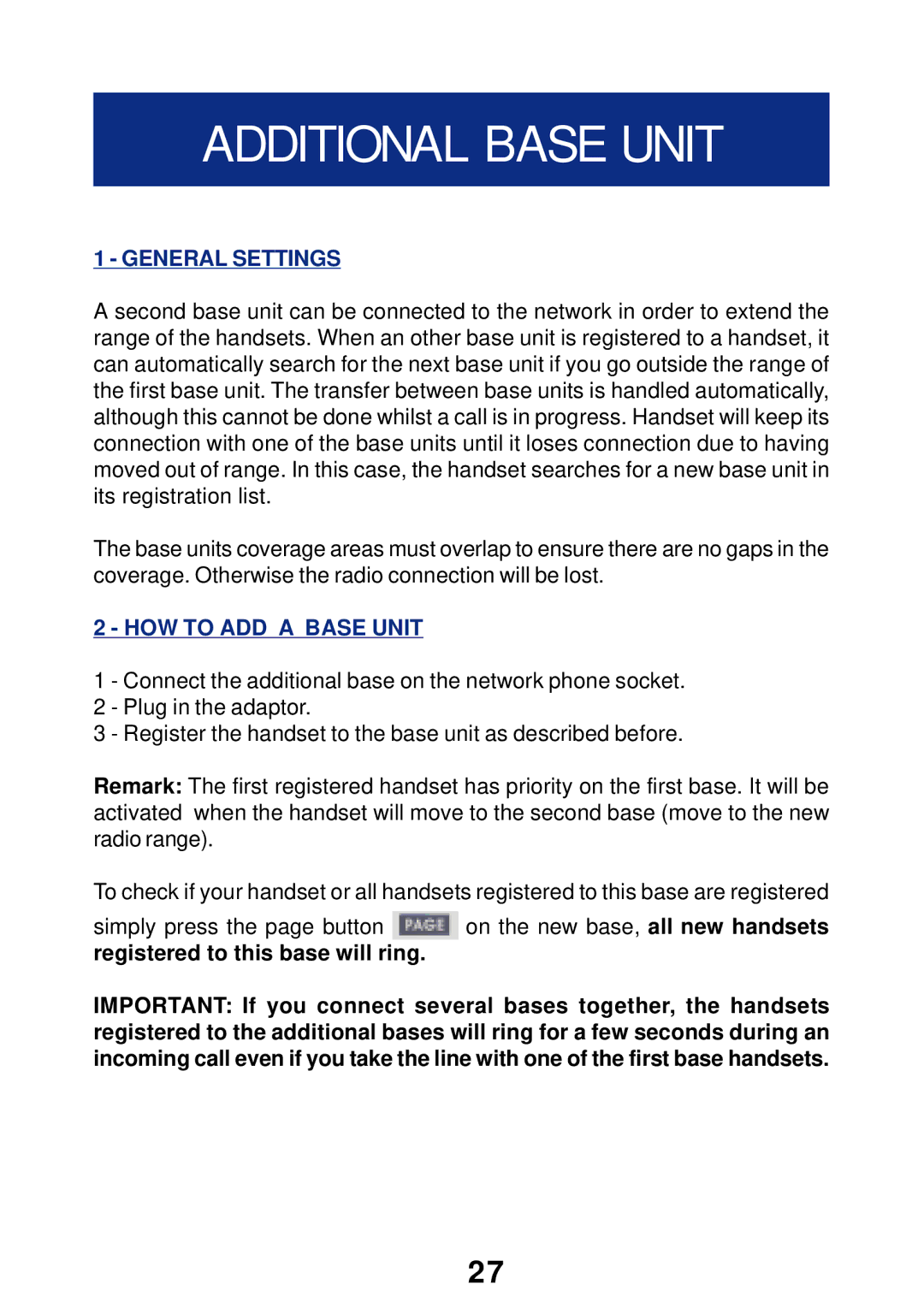 Geemarc T300 manual Additional Base Unit, HOW to ADD a Base Unit 