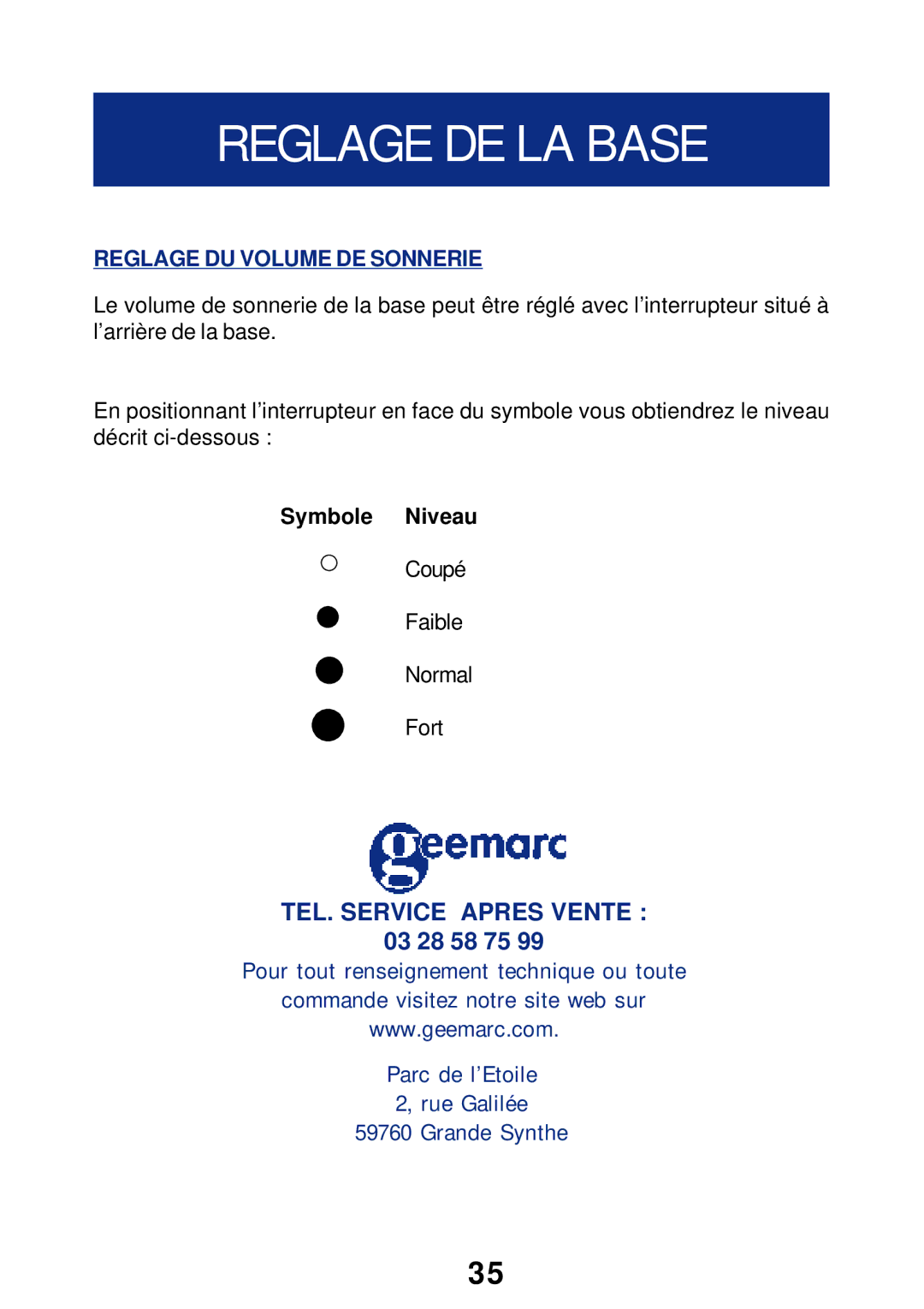 Geemarc T300 manual Reglage DE LA Base, Reglage DU Volume DE Sonnerie, Symbole Niveau 