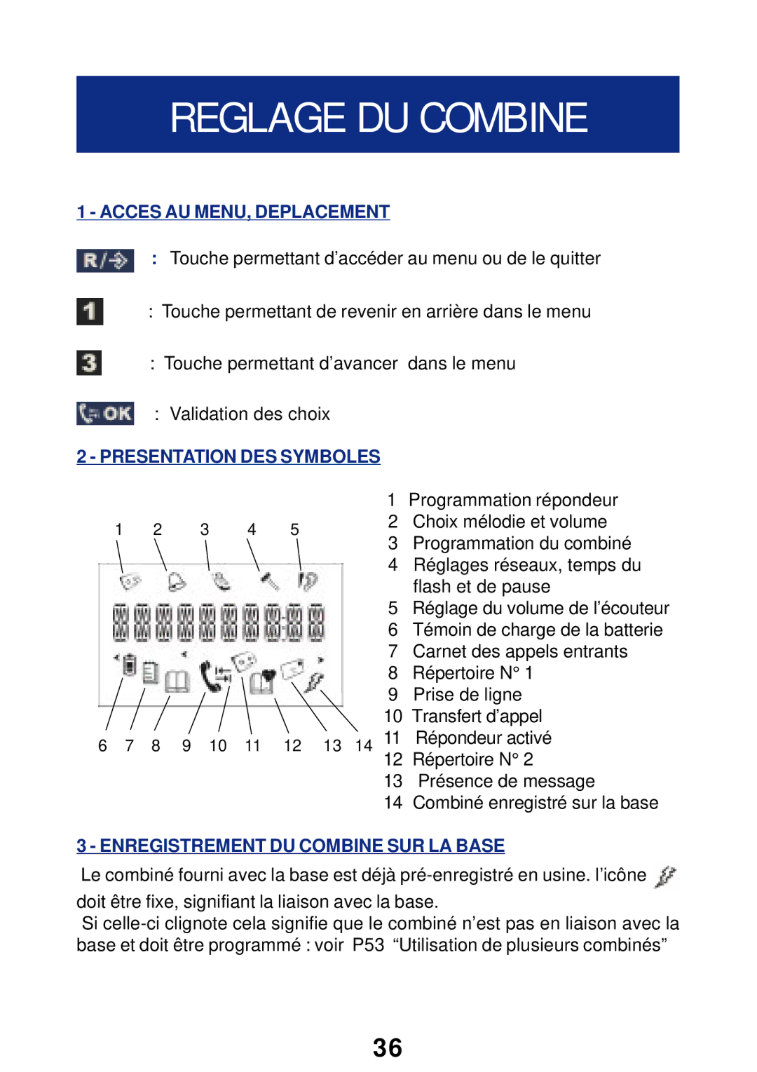 Geemarc T300 manual Reglage DU Combine, Acces AU MENU, Deplacement, Presentation DES Symboles 