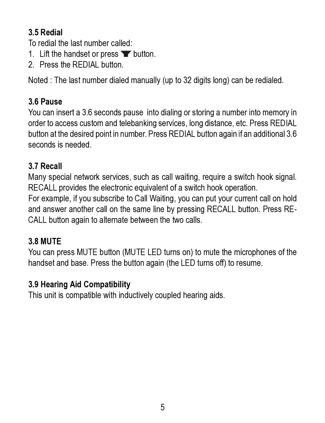 Geemarc TP38 manual Redial, Pause, Recall, Mute, Hearing Aid Compatibility 