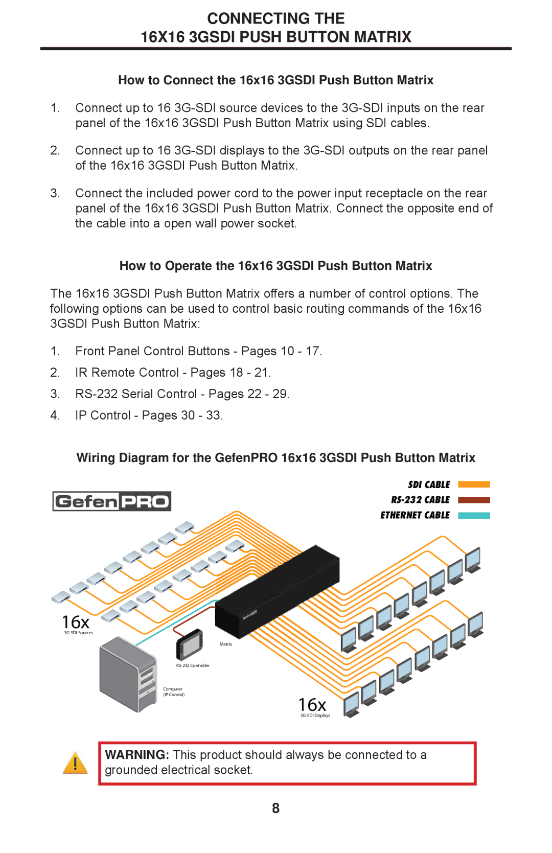 Gefen 1080P manual Connecting 16X16 3GSDI Push Button Matrix, How to Connect the 16x16 3GSDI Push Button Matrix 