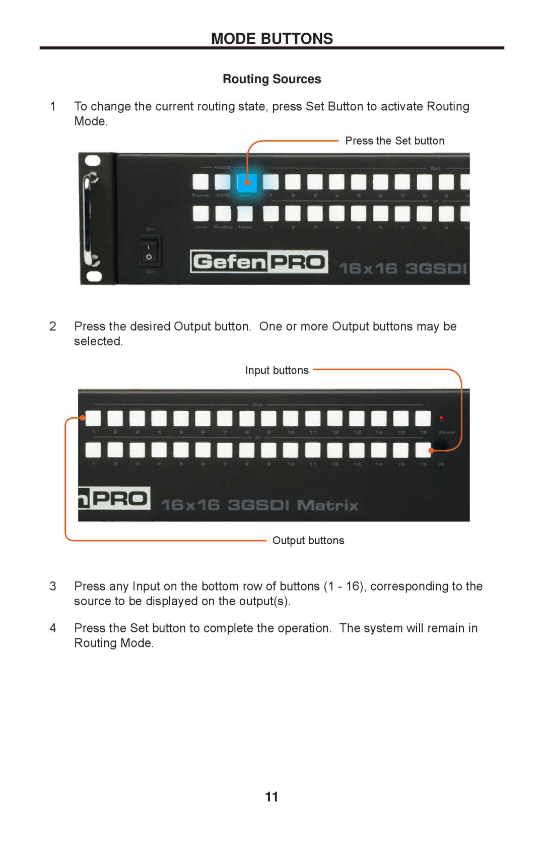 Gefen 1080P manual Mode Buttons, Routing Sources 