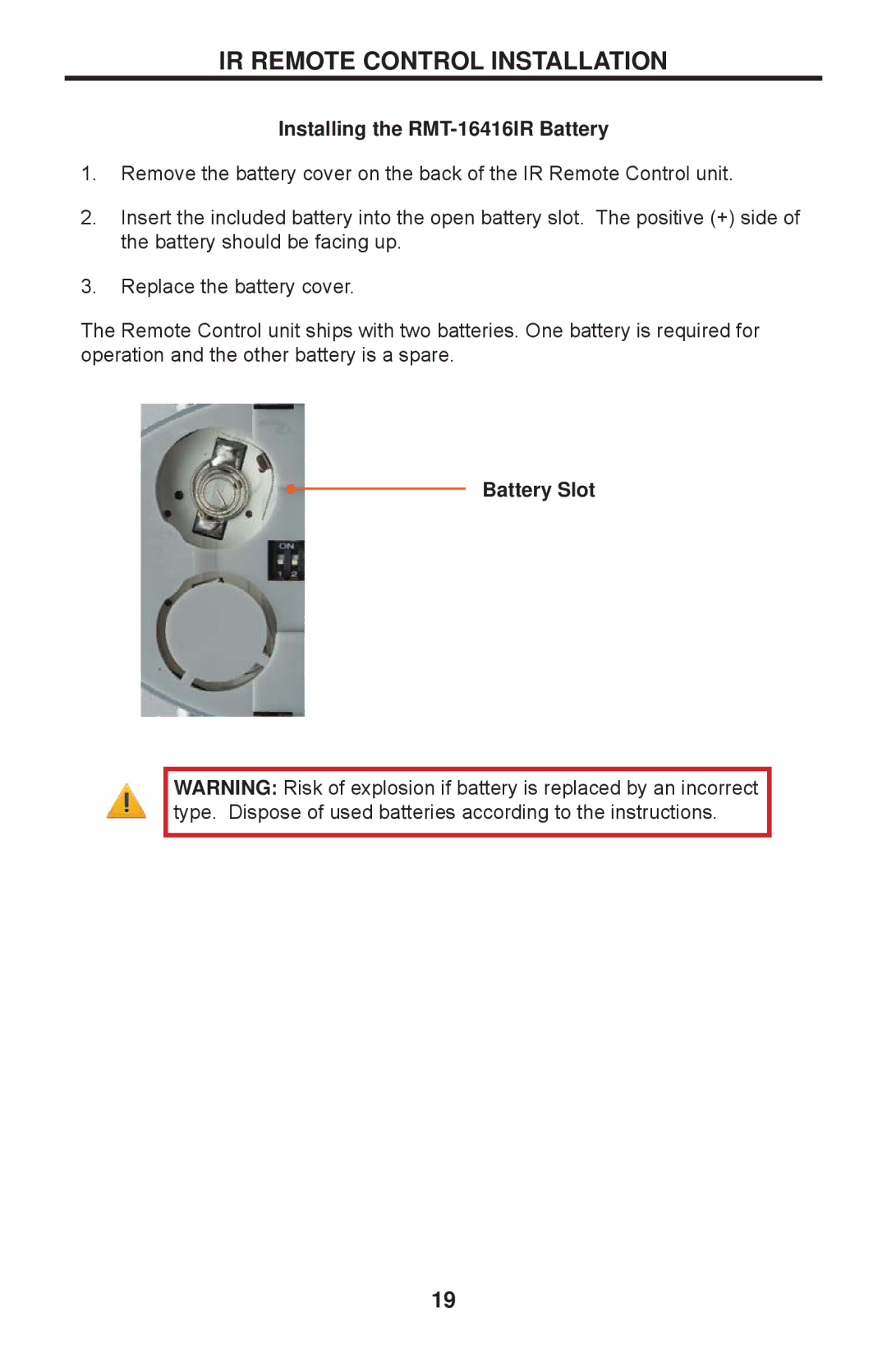 Gefen 1080P manual IR Remote Control Installation, Installing the RMT-16416IR Battery, Battery Slot 