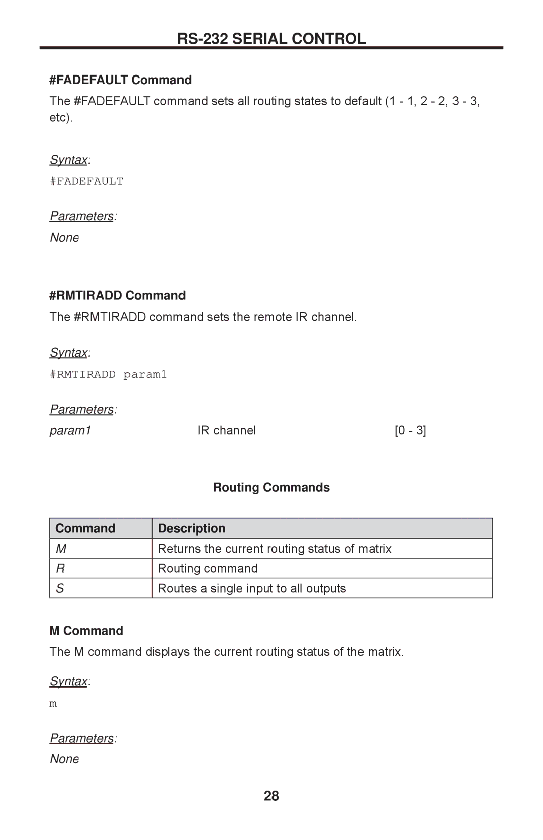 Gefen 1080P manual #FADEFAULT Command, #RMTIRADD Command, Routing Commands 