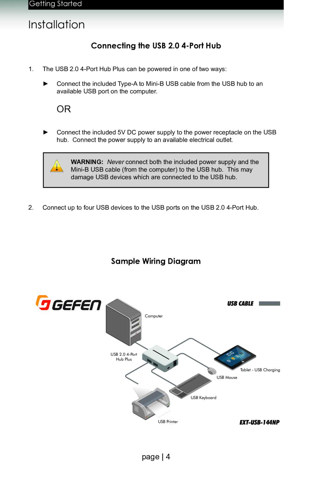 Gefen 144NP user manual Installation, Connecting the USB 2.0 4-Port Hub 