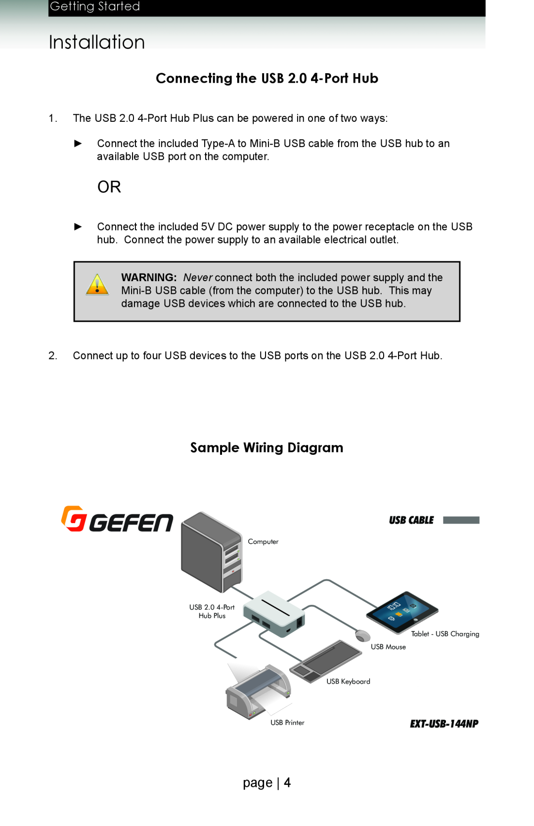 Gefen 144NP Installation, Connecting the USB 2.0 4-Port Hub, Sample Wiring Diagram, page, GettingChapterStarted, Usb Cable 