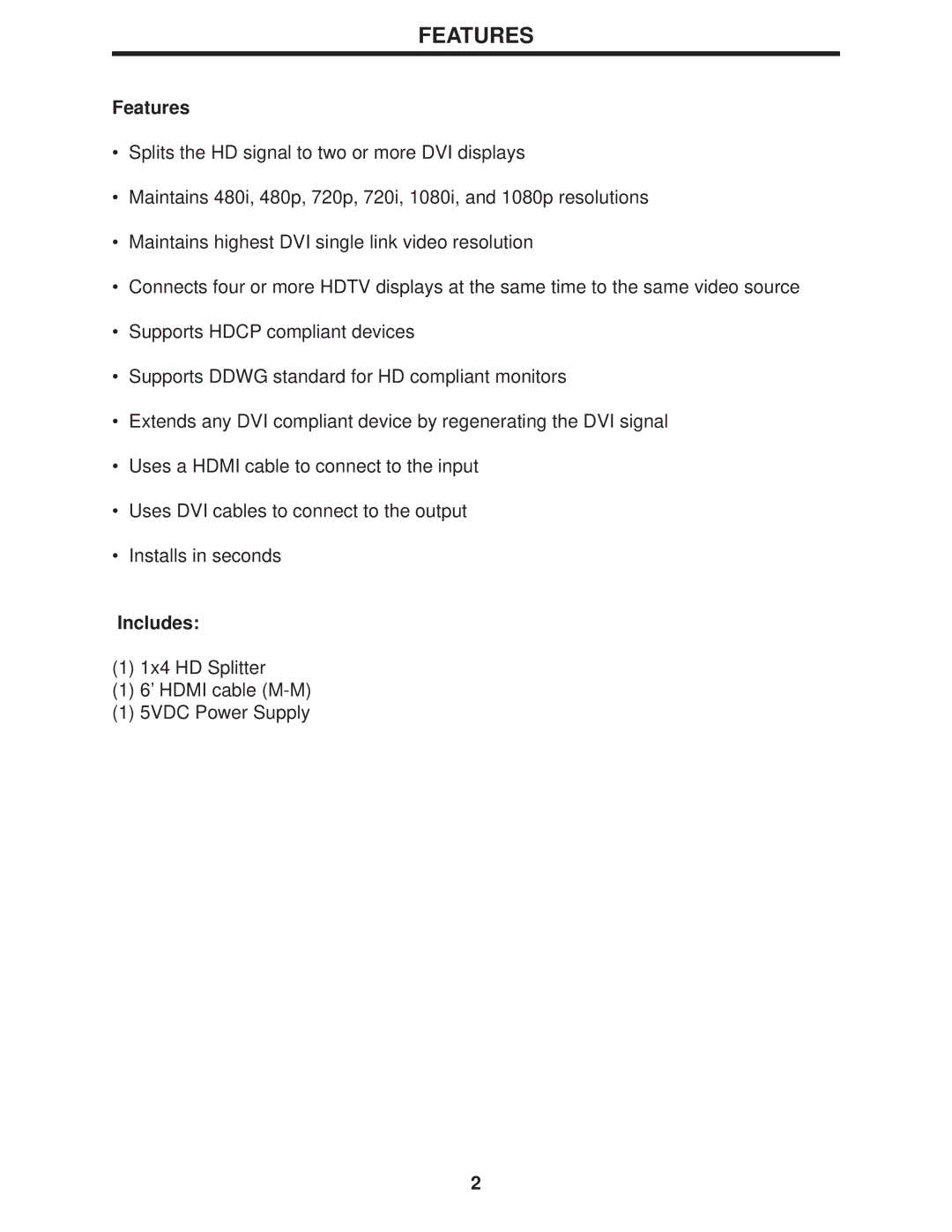 Gefen 1x4 user manual Features, Includes 